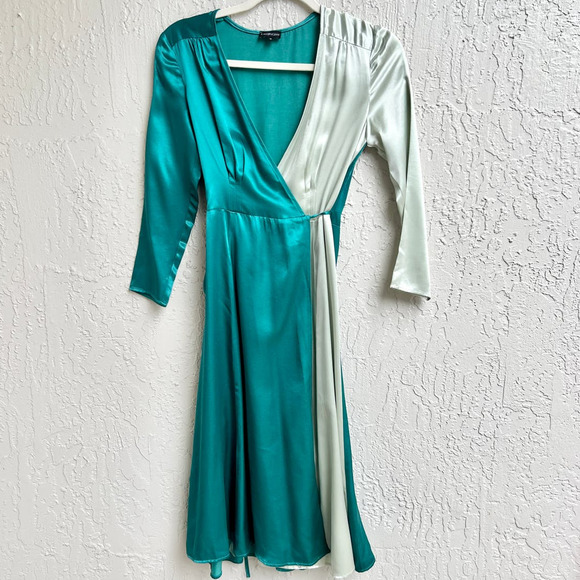 Callipygian 3/4 Sleeve Satin Wrap Midi Dress Colorblock Green Women's Size 2 - Picture 1 of 7